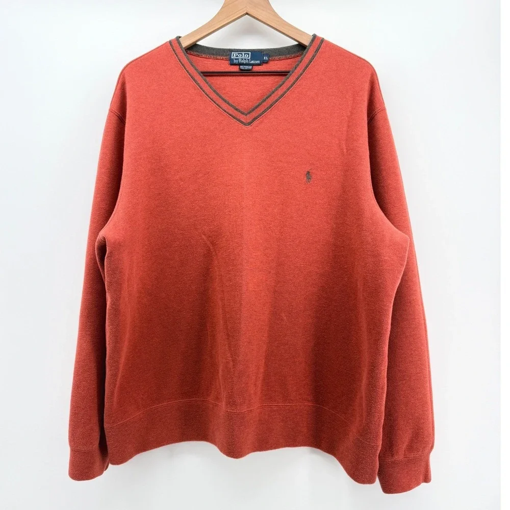 Vintage Polo Ralph Lauren Sweater Men XL Orange V-Neck Cotton Knit Pullover Pony